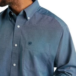 Ariat Wrinkle Free Pinpoint Oxford Shirt -Equestrian Clothing WF solid pinpoint oxford drm teal closeup 10038015 ariat men 64834.1636757121