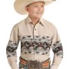 Panhandle Boys Border Print Snap Shirt -Equestrian Clothing boys border print shirt natural blue C0S8033 panhandle 92504.1663120531