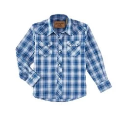 Wrangler Boys Retro Snap Plaid Shirt -Equestrian Clothing boys retro plaid snap LS blue dream 112314912 wrangler 55193.1654211513