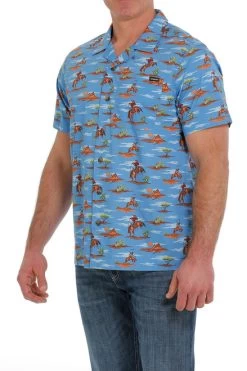 Men's Cinch Camp Tumbleweed Bronc Shirt -Equestrian Clothing camp tumbleweed bronc ss blue side MTW1401024 cinch 31048.1678752980