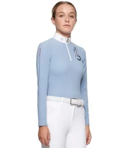 Cavalleria Toscana Girls Team Zip Long Sleeve Polo -Equestrian Clothing chd team zip polo ls light blue side POA068 JE022 7C00 CT 31346.1649016539