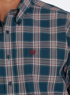 Cinch Print Button Down Shirt Short Sleeve -Equestrian Clothing cinch plaid shirt ss teal detail MTW1111400 miller 69176.1656098127