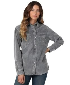 Wrangler Corduroy Fade Snap Shirt -Equestrian Clothing corduroy fade snap shirt grey front 112336505 wrangler 63803.1689451691