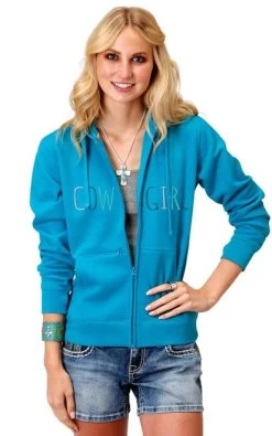 Roper Cowgirl Zip Hoodie With Thumb Holes -Equestrian Clothing cowgirl hoodie thumb holes blue front 0309805144033 roper 38109.1653413363