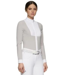 Cavalleria Toscana Crochet Bib Long Sleeve Shirt -Equestrian Clothing crochet bib LS shirt grey front CAD131 JE140 8100 CT 69848.1649191666