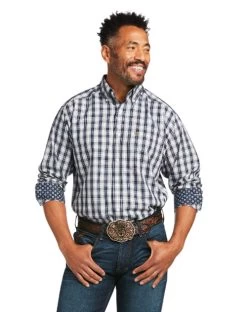 Men's Ariat Dereck Wrinkle Free Shirt -Equestrian Clothing dereck WF shirt LS Blue Nights front 10039691 ariat 3 43104.1648584070