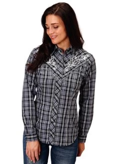 Roper Plaid Embroidered Horseshoe Shirt Long Sleeve -Equestrian Clothing embroid shoe plaid ls grey front 0105000244023 roper 11802.1663802606