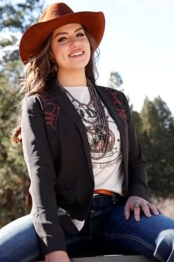 Cruel Denim Embroidered Blazer 7 Cruel Denim Embroidered Blazer -Equestrian Clothing embroidered blazer brown front CWJ7274003 miller international 33213.1691012405