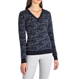 Equiline Engre Jacquard V-Neck Sweater -Equestrian Clothing engre v neck jaquard blue front R09774 245 equiline 15305.1661441760