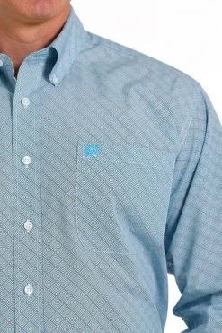 Men's Cinch Light Blue Geo Print Shirt -Equestrian Clothing geo print ls turq lt blue detail MTW1105567 cinch 19876.1683163135