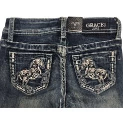 Girls Grace In LA Paisley Horse Pocket Jean -Equestrian Clothing girl horse embroidery jean back pocket grace la 58153.1690414713