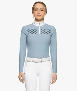 Girls Cavalleria Toscana Flock Dot Polo Long Sleeve -Equestrian Clothing girls flock dot polo blue front POA077 JE152 7C00 CT 36963.1659719955