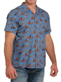 Men's Cinch Horse Print Camp Shirt -Equestrian Clothing horse print camp shirt blue side MTW1401009 miller 13299.1668118849