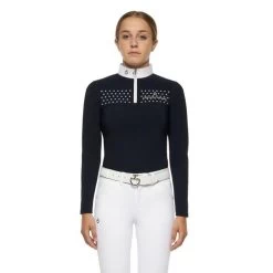 Girls Cavalleria Toscana Flock Dot Polo Long Sleeve -Equestrian Clothing kid flock print polo navy front POA077 JE152 7901 cavalleria toscana 99751.1656797677