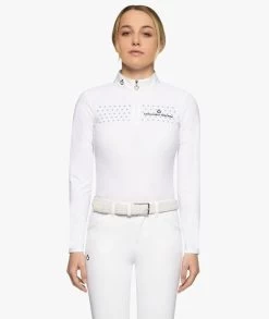 Girls Cavalleria Toscana Flock Dot Polo Long Sleeve -Equestrian Clothing kid flock print polo ss white front POA077 JE152 0001 34149.1659719971