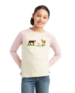 Ariat Girls Pasture Scene Long Sleeve Tee -Equestrian Clothing kids pasture scene tee oat rose front 10037732 ariat 58596.1635968407
