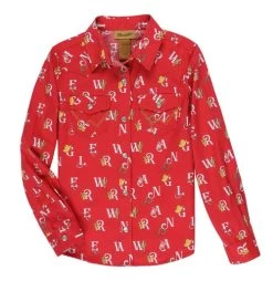 Girls Wrangler Print Red Snap Shirt