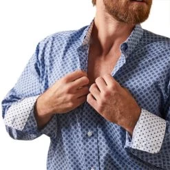 Men's Ariat Atlas Print Wrinkle Free Shirt -Equestrian Clothing mens wf shirt atlas print cuffs 10043807 ariat 09588.1676052645