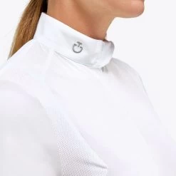 Cavalleria Toscana Mesh Insert Polo Short Sleeve -Equestrian Clothing mesh insert comp shirt short sleeve white closeup POD340 JE179 0101 CT 99856.1683739620