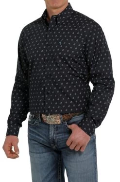 Cinch Modern Fit Print Shirt Long Sleeve -Equestrian Clothing moder fit print ls navy side MTW1347045 miller 16410.1652992350