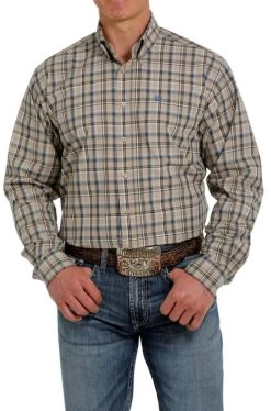 Cinch Plaid Button Down Shirt Long Sleeve -Equestrian Clothing plaid button ls khaki front MTW1105327 cinch 81023.1655495182