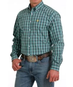 Men's Cinch Teal Plaid Shirt Long Sleeve -Equestrian Clothing plaid shirt ls teal front MTW1105578 cinch 93587.1689642989
