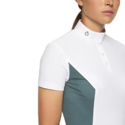 Cavalleria Toscana Perforated Sides Competition Polo -Equestrian Clothing polo perforated insert ss white teal front detail POD295 JE022 0159 cavalleria toscana 82535.1690499480