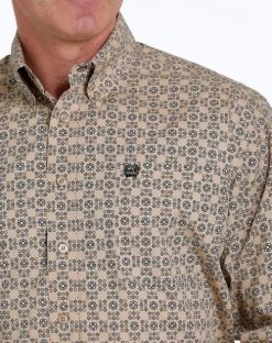 Men's Cinch Khaki Geo Print Shirt Long Sleeve -Equestrian Clothing print shirt ls khaki detail MTW1105532 cinch 59727.1677603793
