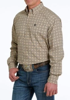 Men's Cinch Khaki Geo Print Shirt Long Sleeve -Equestrian Clothing print shirt ls khaki side MTW1105532 cinch 73232.1677603798