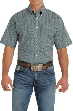 Cinch Print Button Down Shirt Short Sleeve -Equestrian Clothing print ss blue front MTW11113990 cinch 30016.1655584066