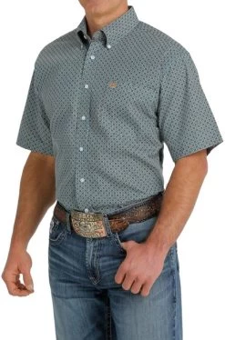 Cinch Print Button Down Shirt Short Sleeve -Equestrian Clothing print ss blue side MTW11113990 cinch 95494.1655584078