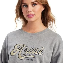 Ariat REAL Metallic Varsity Logo Crop Sweatshirt -Equestrian Clothing real metallic varsity crop heather grey detail 10041817 ariat 35868.1660599776