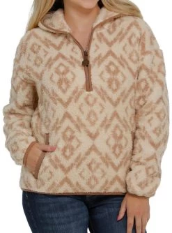 Cinch Print Sherpa 1/2 Zip Hoodie -Equestrian Clothing sherpa 1 2 zip hoodie cream front MAK9811002 miller 29775.1663808105