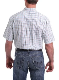 Cinch Print Button Down Shirt Short Sleeve -Equestrian Clothing square plaid ss shirt white back MTW1111321 cinch 44884.1655583946