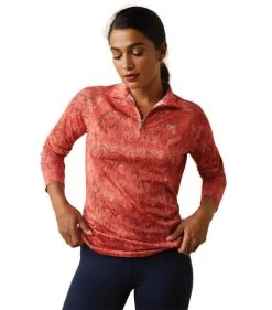 Ariat Sunstopper 2.0 1/4 Zip Baselayer Print -Equestrian Clothing sunstopper 2.0 horse ls sienna front 10043596 ariat 58195.1691196680