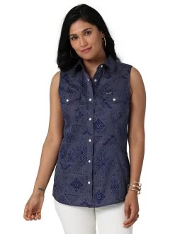 Wrangler Western Print Snap Shirt Sleeveless -Equestrian Clothing western snap sleeveless dk.blue front 112329681 wrangler 82225.1682371719