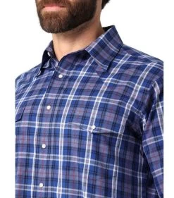 Wrangler Wrinkle Resist Plaid Shirt Long Sleeve -Equestrian Clothing wr shirt blue plaid LS pocket 112318651 wrangler 14667.1663013904