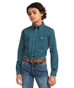 Boys Ariat Declan Stretch Shirt -Equestrian Clothing youth declan stretch LS deep pacific front 10039568 ariat 43422.1645570799